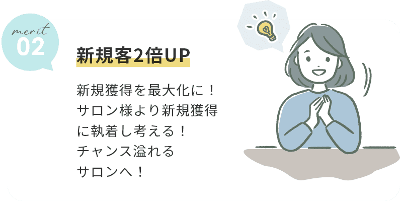 ”新規客2倍UP。新規獲得を最大化に！サロン様より新規獲得に執着し考える！チャンス溢れるサロンへ！”